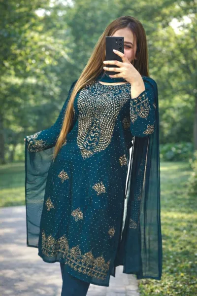 AC Cotton Three Piece with Heavy Stone Work Chiffon Orna