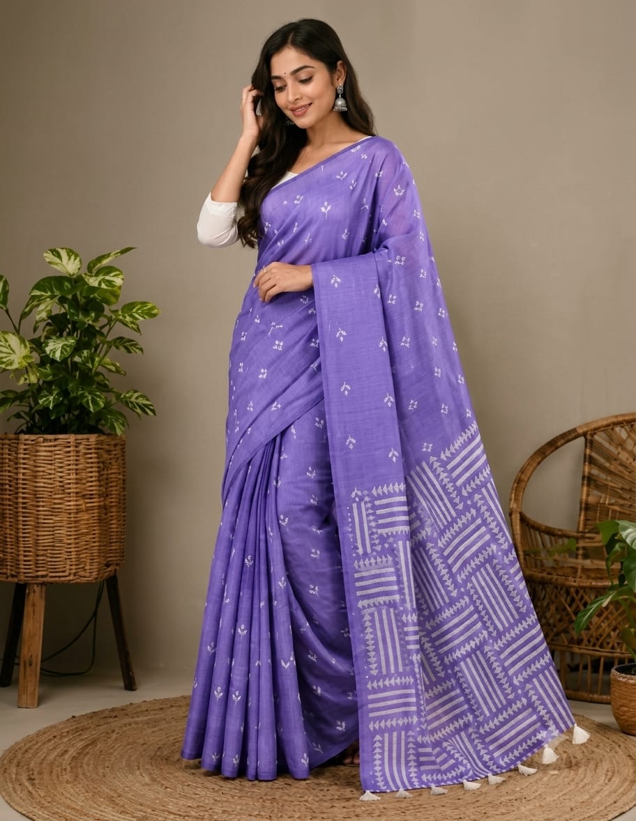 Lightweight Half Silk Jamdani Screen Print Saree, 5 Colours