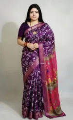 টাসেল ও জরির পাড়ের কাফতান সিল্ক ডিজিটাল প্রিন্ট শাড়ি