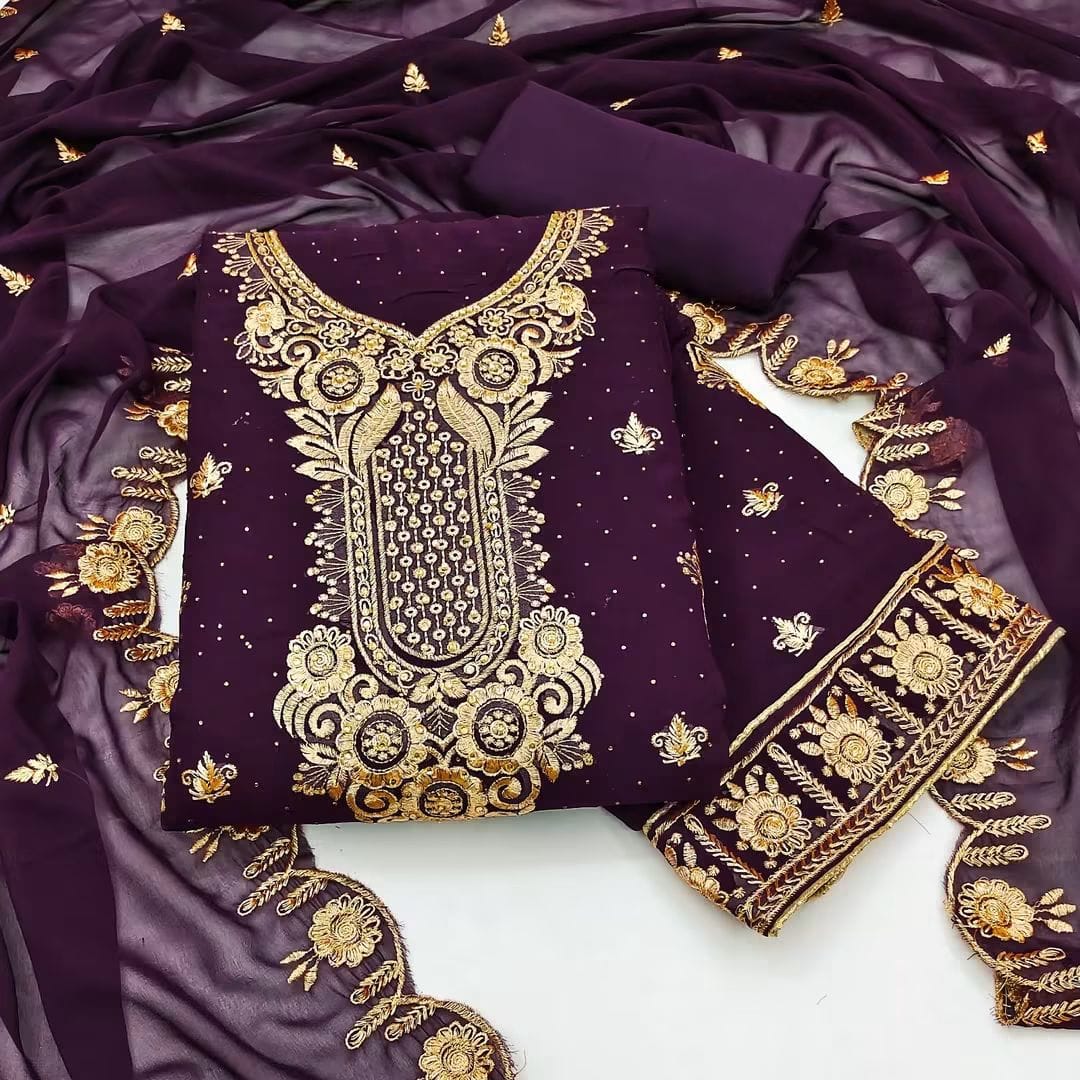 মেয়েদের হাফ স্টিচড জর্জেট ফোর পিস সেট, ফুল বডি এমব্রয়ডারি