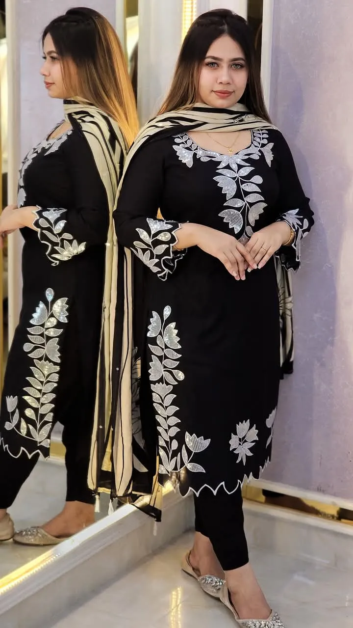Linen Sequin Embroidery Three Piece with Cotton Orna, 38 to 44