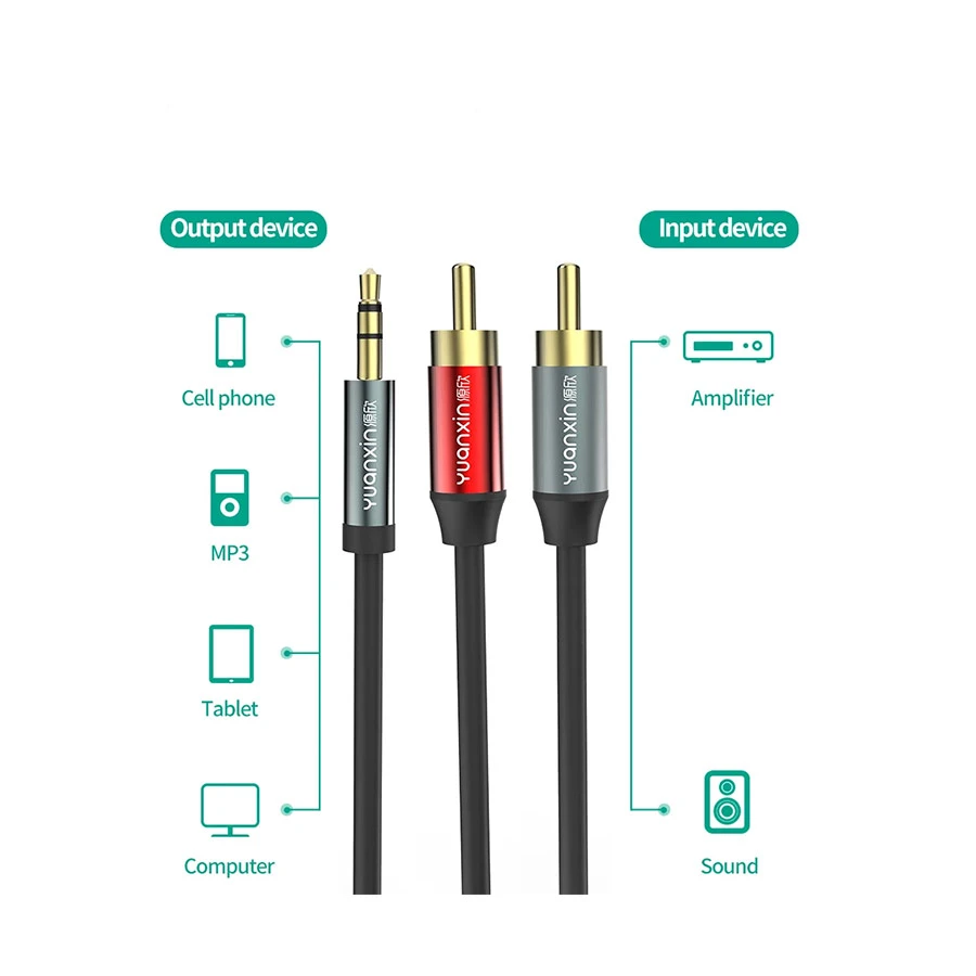 Yuanxin YAX-001 3.5mm Male to 2RCA Male, 3 Meter, Black Audio Cable