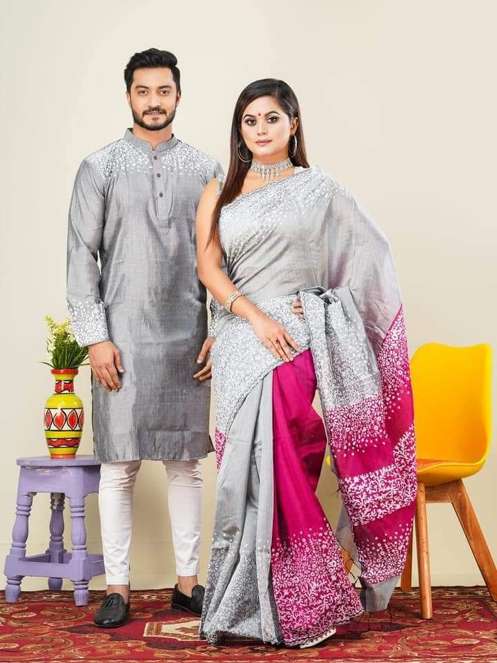 Couple Saree Panjabi Set, Dhupian Silk, Panjabi Sizes 40 to 46