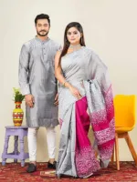Screen Print Dhupian Silk Saree and Panjabi for Couples, 12 Haath