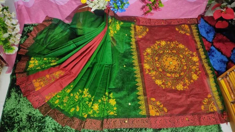 Dhupian Silk Embroidery Saree with Block Print in 6 Colours