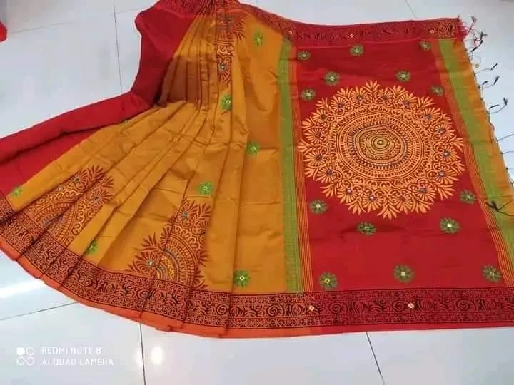 Women's Block Printed Dhupian Silk Saree, Embroidery Work