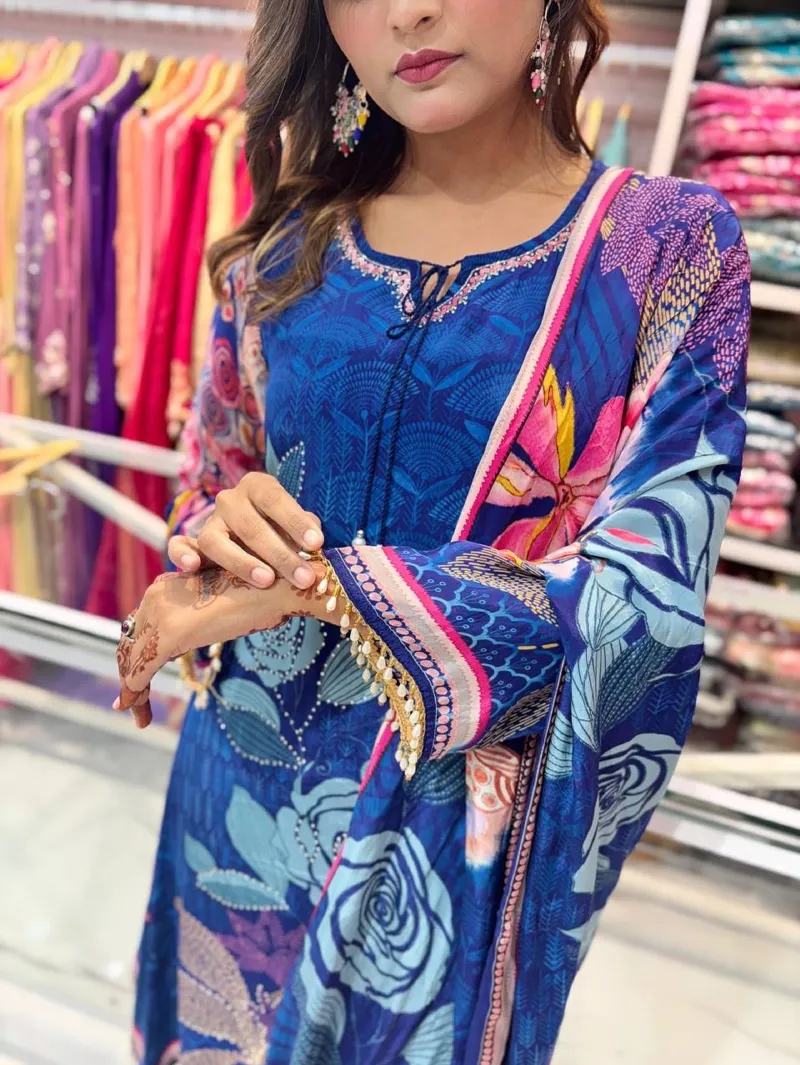 ডিজিটাল প্রিন্ট গাউন থ্রি পিস, কারচুপি ও জর্জেট ওড়না