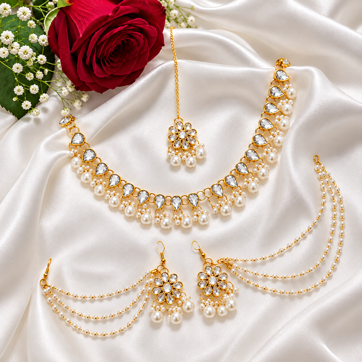 Premium Gold-Plated Kundan & Pearl Bridal Jewelry Set with Ear Chains (Kan-Tan)