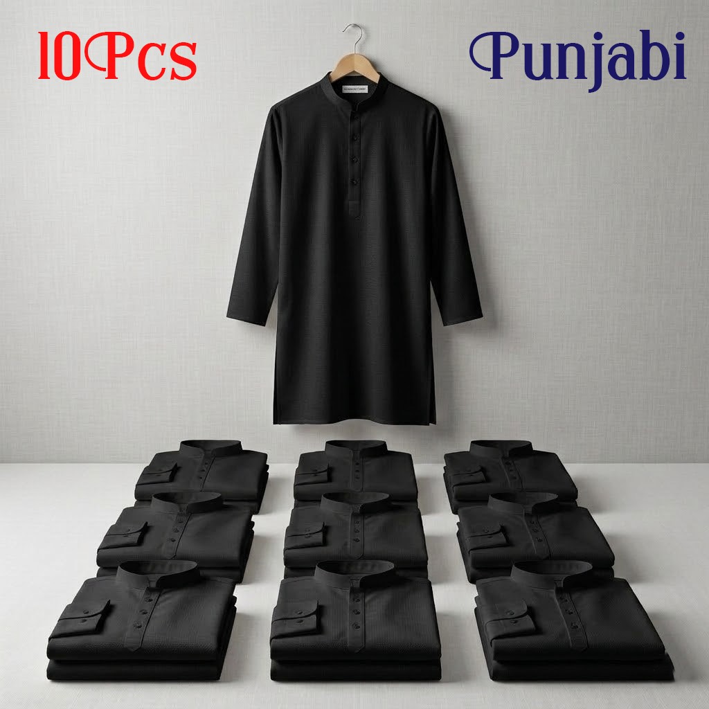 10 পিস কালো সলিড পাঞ্জাবি কম্বো