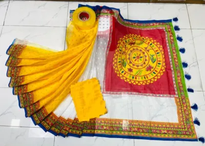 Half Silk Screen Print Saree, Saree Only, 6 Colours