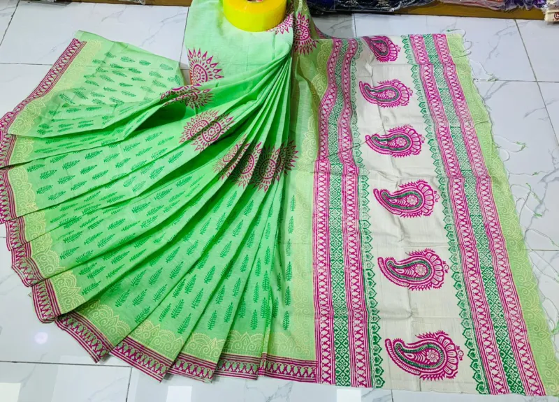 মহিলাদের ব্লক প্রিন্ট কটন শাড়ি, 14 হাত, 6টি রং