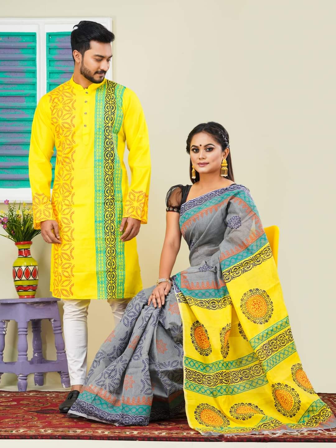 Couple Saree Panjabi Set, Dhupian Silk, Panjabi Sizes 40 to 46