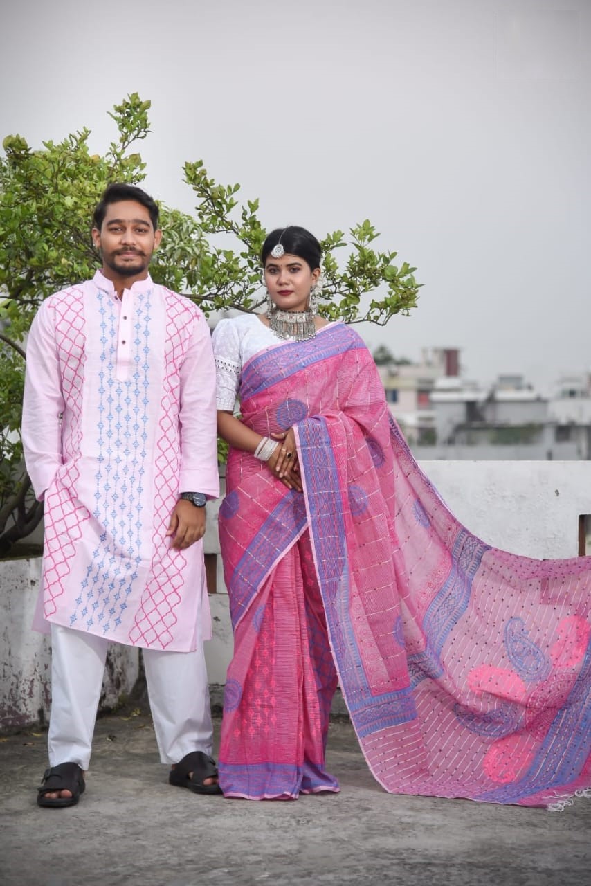 Block Print Couple Saree and Panjabi Set, Panjabi Sizes S to XL
