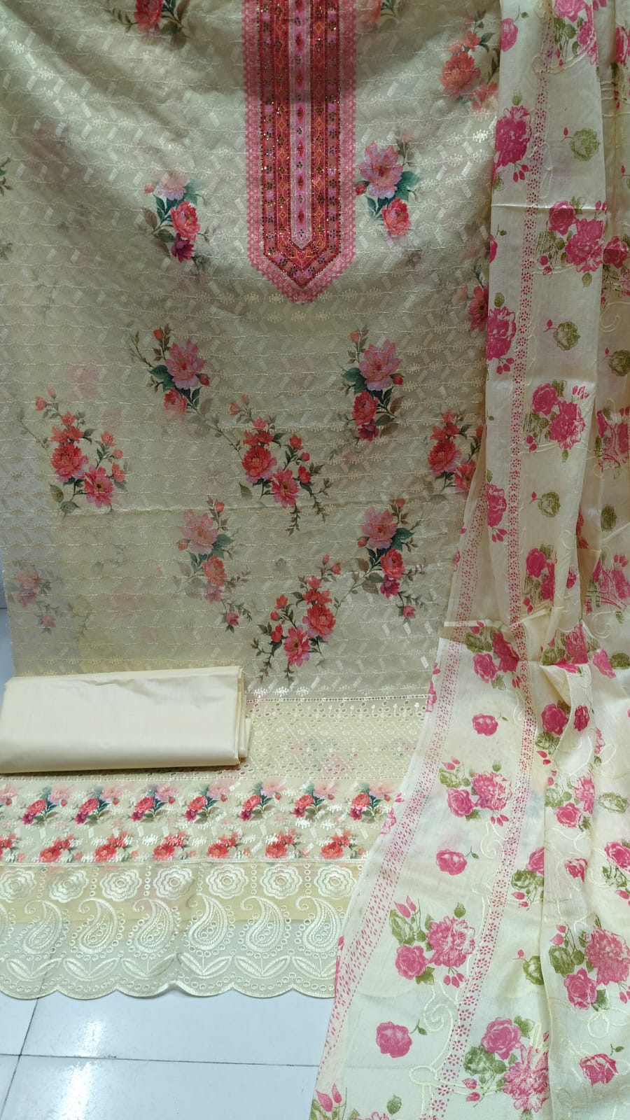 Unstitched Chikankari Cotton Three Piece with Aari Work Orna