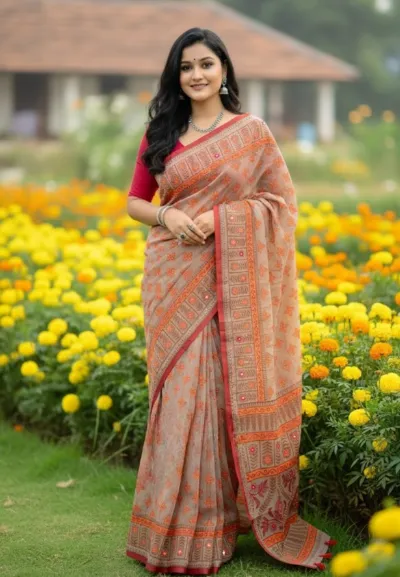 Tangail Boutique Silk Saree with Screen Print, 13.5 Haath