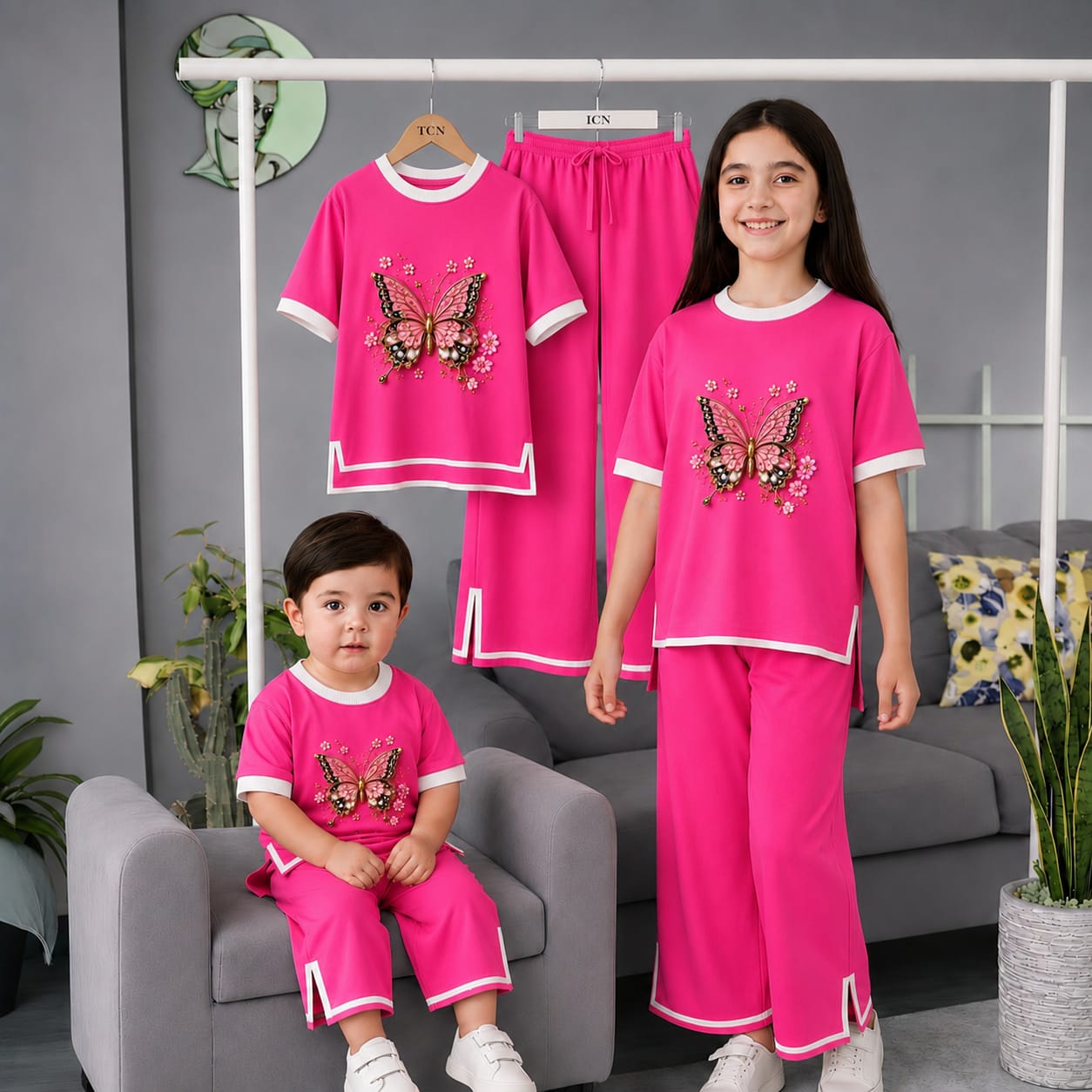 Girls' Butterfly Print Half Sleeve T-Shirt and Pant Set, 160-170 GSM