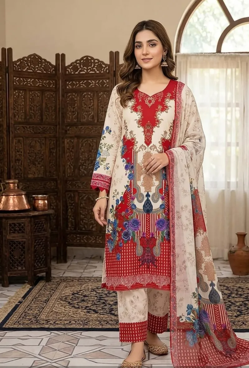 Digital Print Three Piece with Kota Silk Orna, 46 Inch Kameez