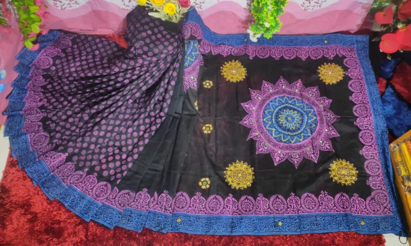 Dhupian Silk Sari with Block Print and Embroidery for Women
