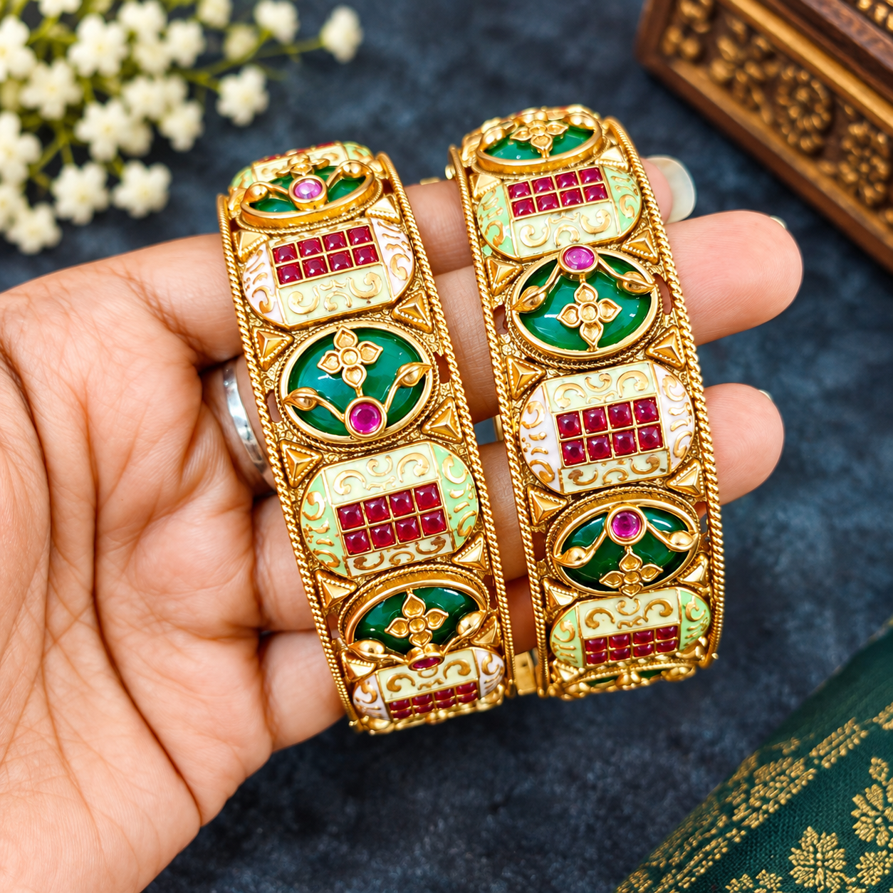 Royal Minakari & Ruby-Emerald Gold-Plated Bangle Set