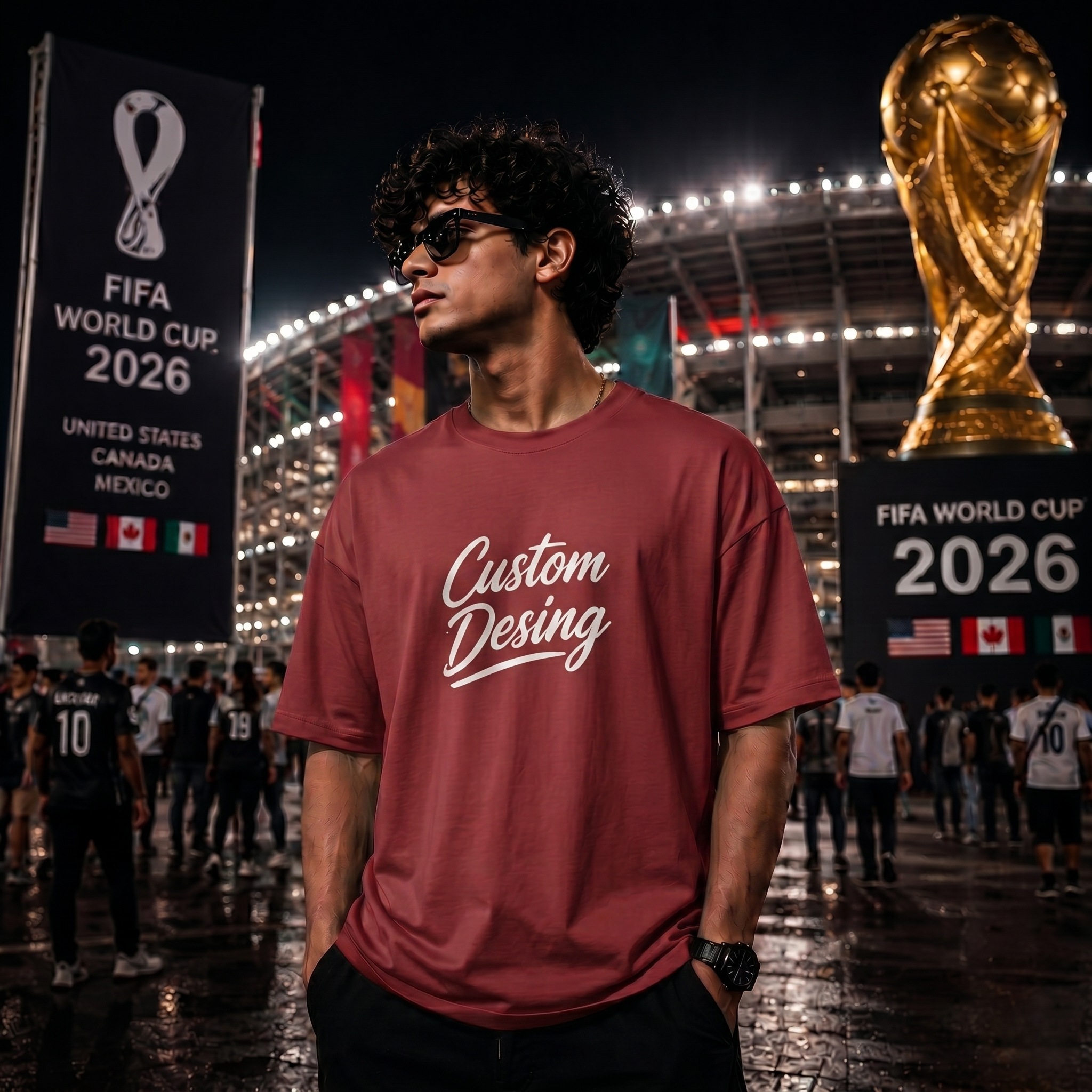 FIFA World Cup স্পেশাল কাস্টম ড্রপ শোল্ডার কটন টি-শার্ট – মেরুন