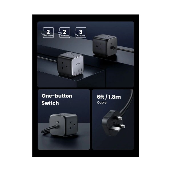 ইউগ্রিন CD268 ডুয়াল USB-C & Tri AC আউটলেট মেটালিক ডেস্কটপ চার্জিং স্টেশন (3 পিন, UK)