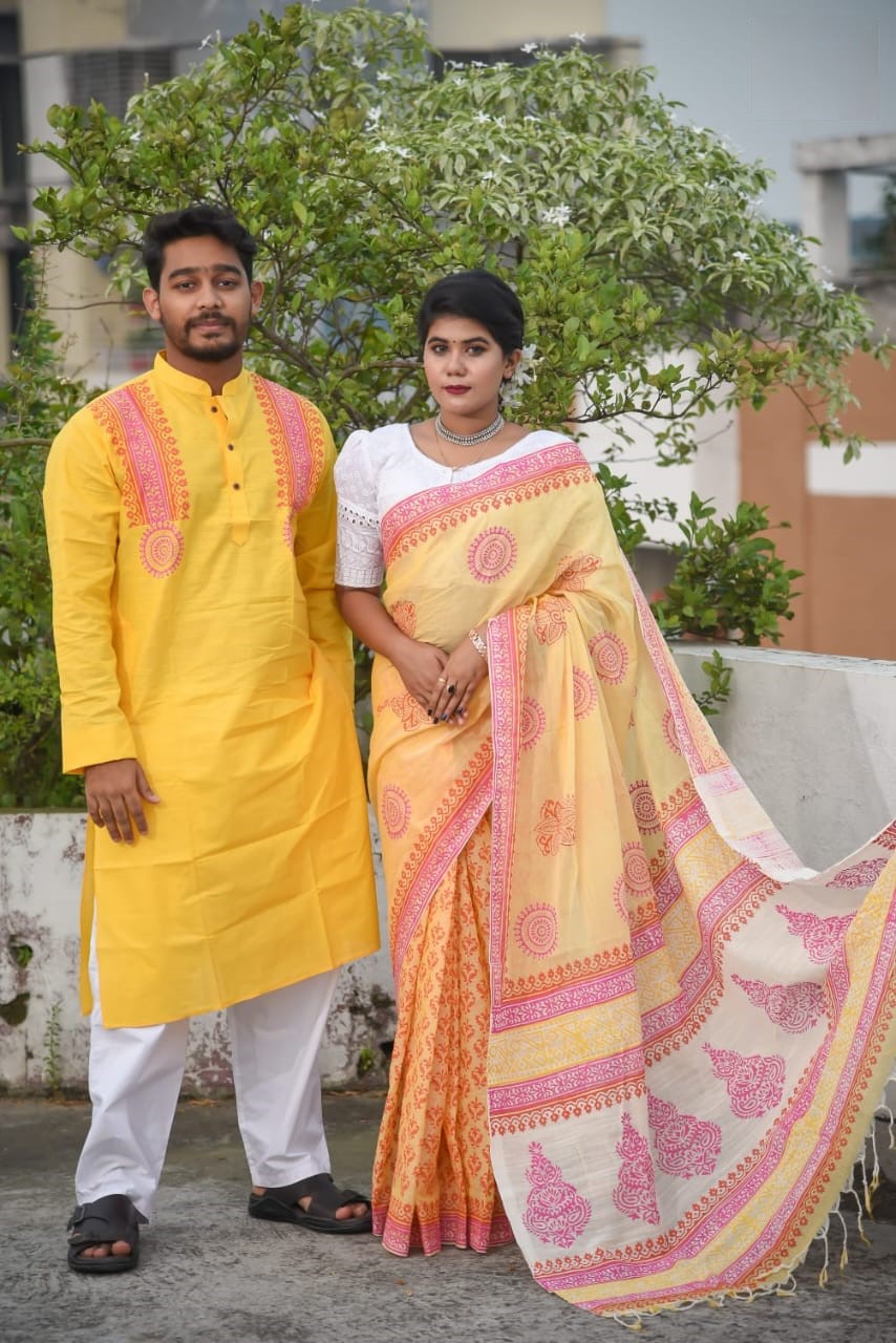 Block Print Couple Saree and Panjabi Set, Panjabi Sizes S to XL