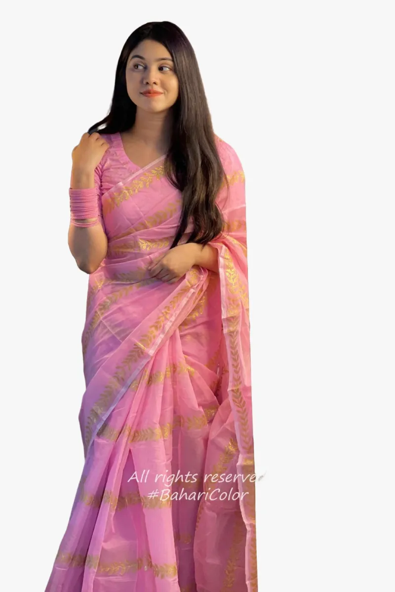 Block Print Semi Muslin Saree with Tassel Anchal, 14 Haath