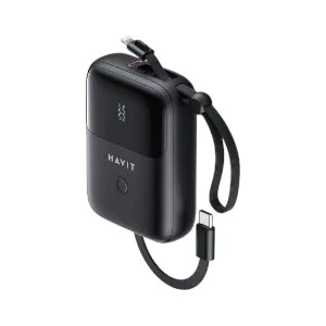 HAVIT PB5215 10000mAh ডিসপ্লে পাওয়ার ব্যাংক, USB-C ও Lightning কেবলসহ – কালো