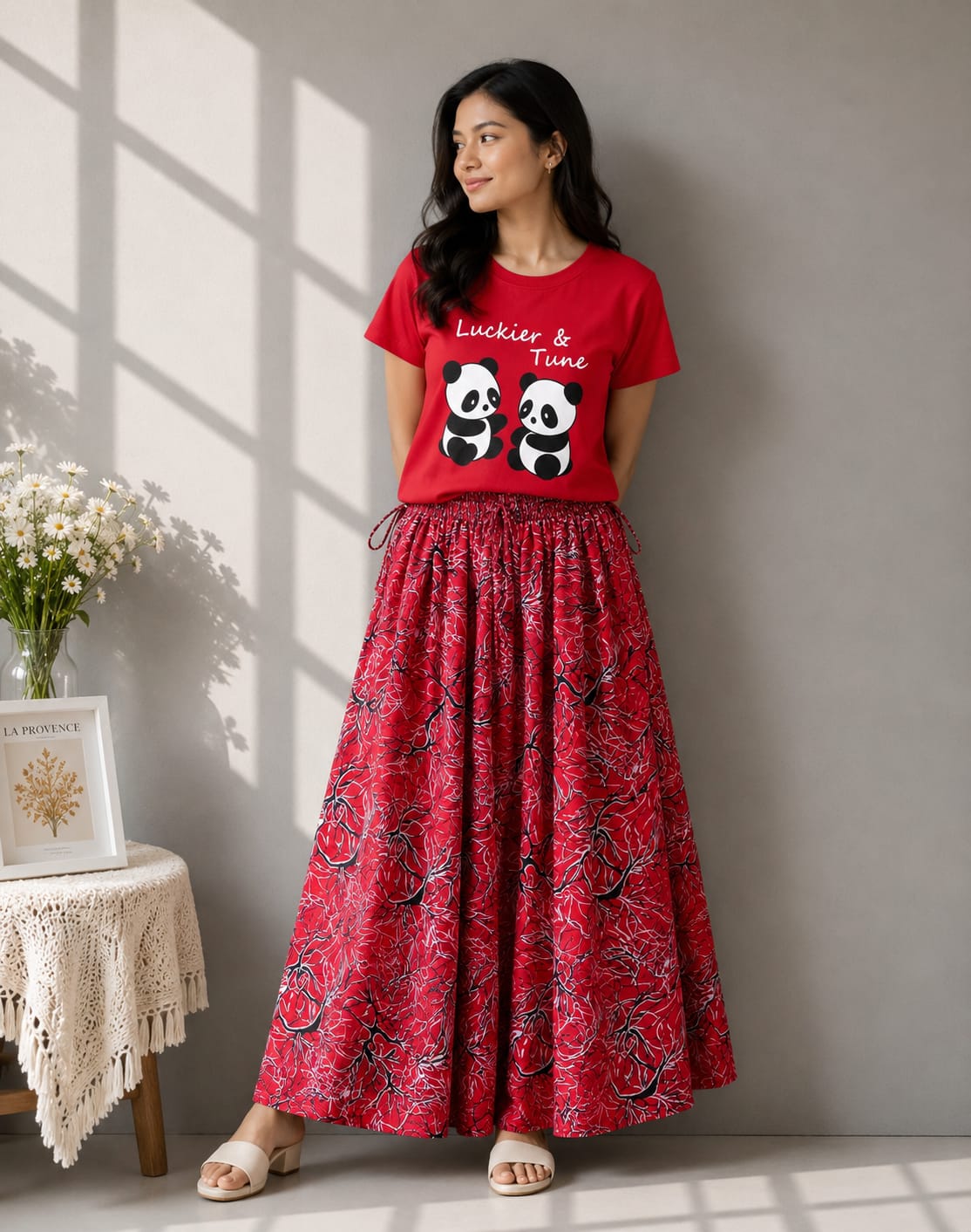 Women's Linen Skirt and Cotton T-Shirt Set, 39 Inch Skirt