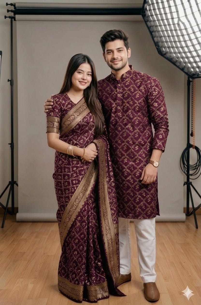 Couple Silk Saree and Dhupian Silk Panjabi Set, Sizes 38 to 46