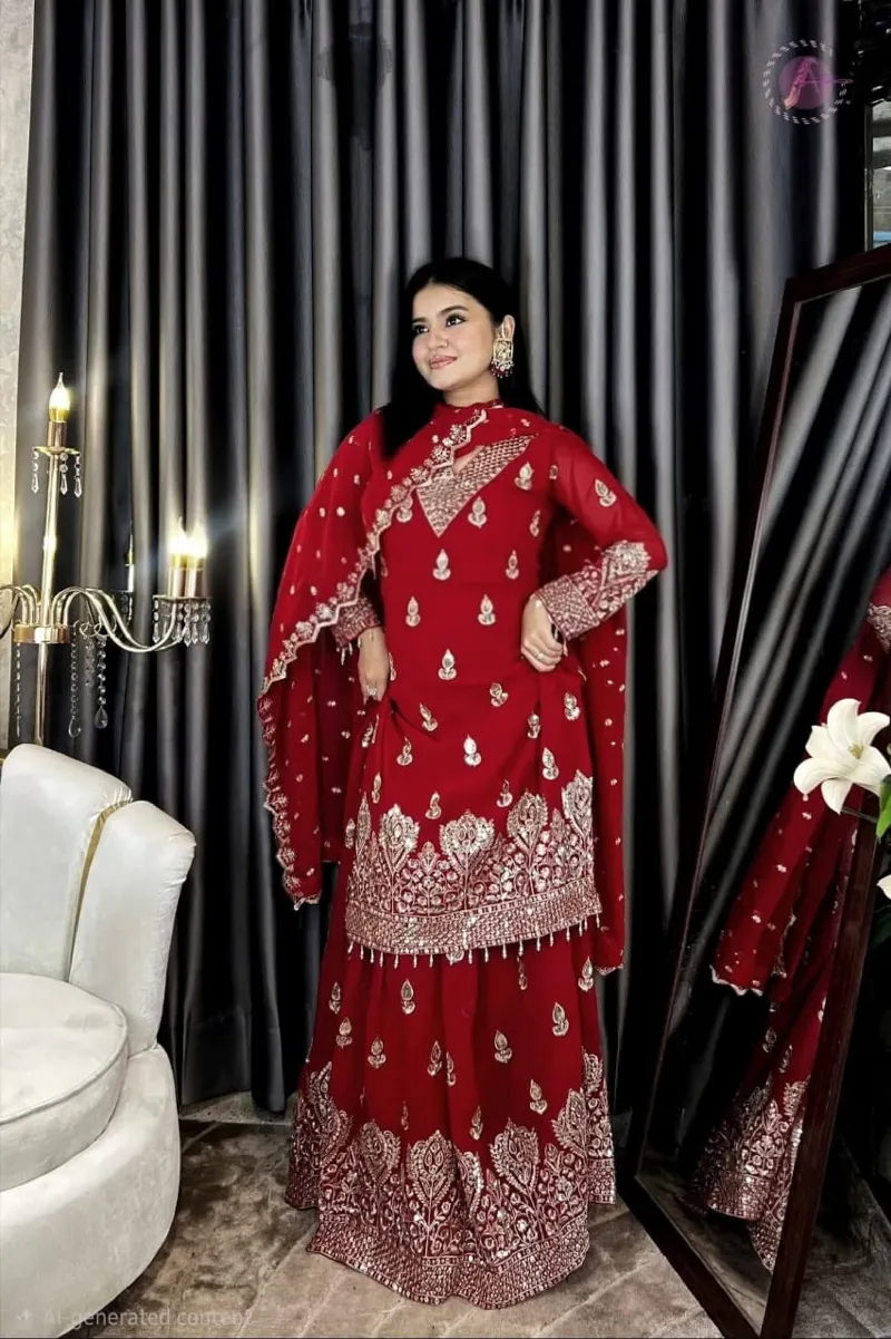 Soft Georgette Eid Party Three Piece with Sequin Work, 45 Inch Long