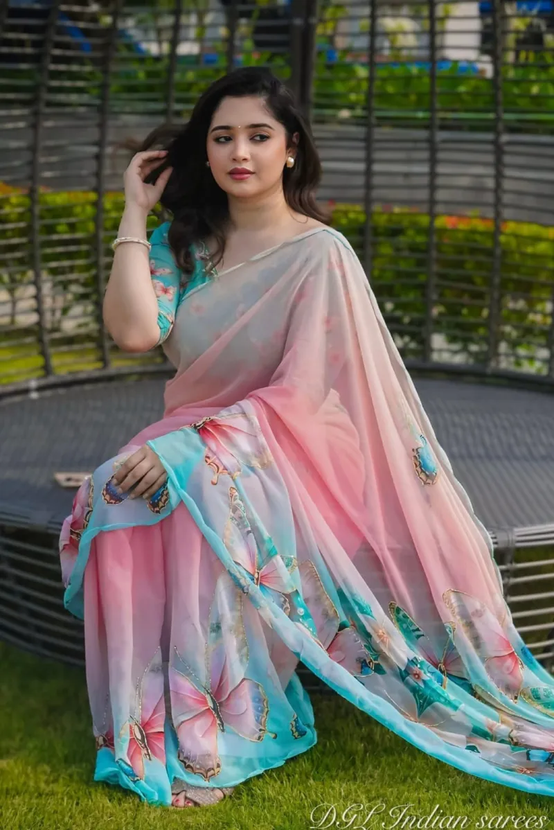 Topetor Silk Saree with Butterfly and Flower Digital Print