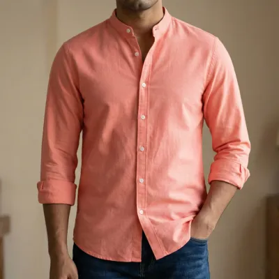 ছেলেদের সলিড কালার ব্যান কলার শার্ট (গোলাপি)