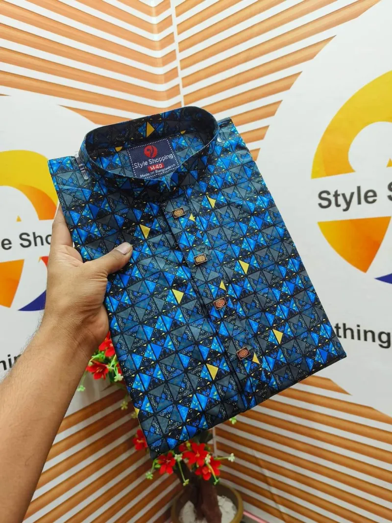 Men's Snap Button Cotton Panjabi with Digital Print, M to XL
