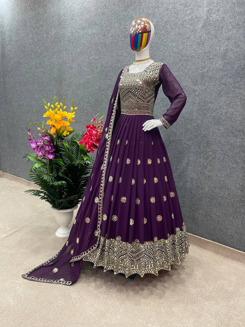 Women's Embroidered Georgette Party Dress, 56 Inch Kameez, 5 Colours