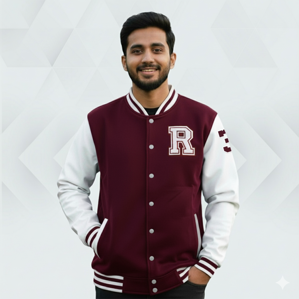Men's Premium China Varsity Jacket (  Maroon + White)