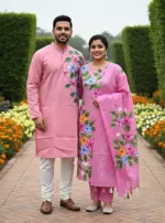 Matching Couple Set, Unstitched Voile Three Piece and Silk Panjabi
