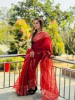 ব্লক প্রিন্ট সেমি মসলিন শাড়ি, কটন ভয়েল ব্লাউজ, 14 হাত