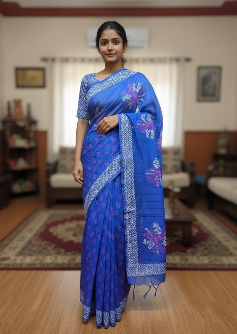Half Silk Block Print Saree for Festivals, 6 Colours