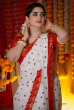 Women's White and Red Half Silk Saree for Pohela Boishakh