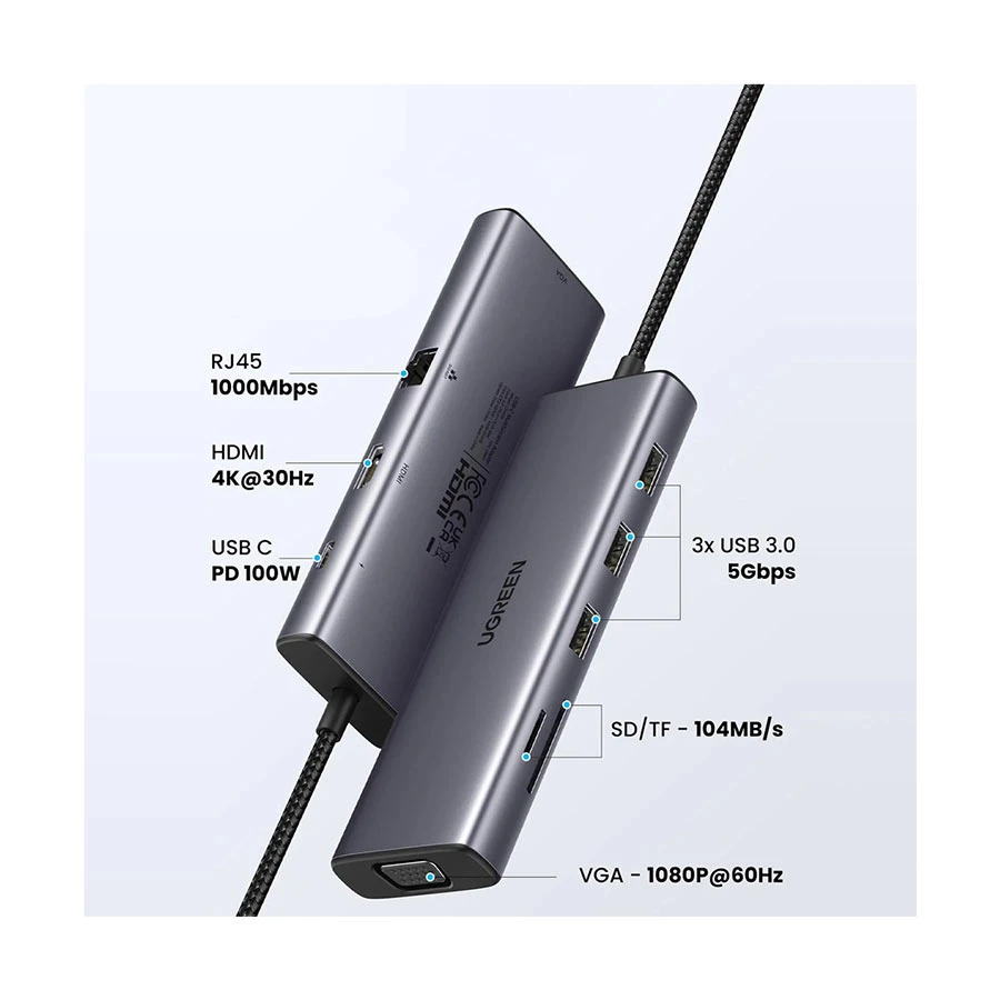 UGREEN CM498 (15600) USB-C Hub HDMI, VGA, Tri USB, LAN, SD & TF