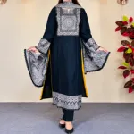 মাস্টার্ড হলুদ ও স্লেট নীল প্রিন্টেড কটন থ্রি-পিস সেট
