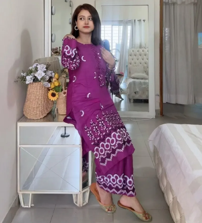 Embroidered Kameez and Salwar Co-Ord Set, TC Cotton, M to XL