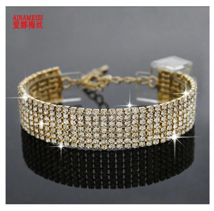 YINLI Crystal Rhinestone Adjustable Bangle Bracelet, Gold Plated