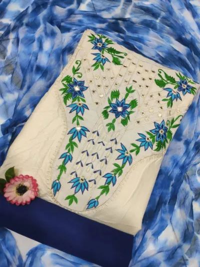 Viscose Slub Cotton Three Piece with Manual Embroidery, Batik Orna