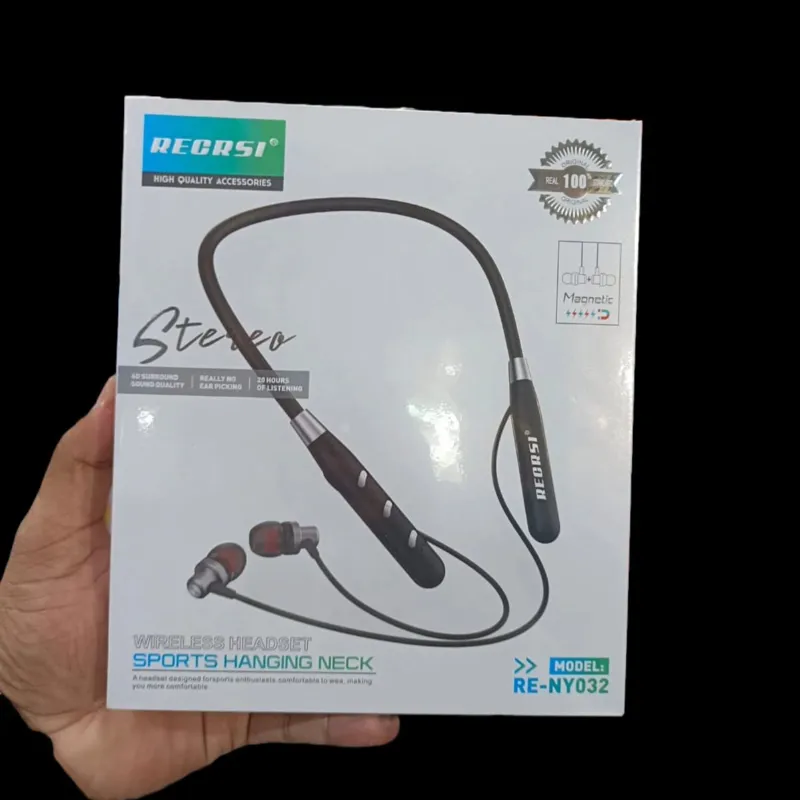 Regrsi RE-NY032 ওয়্যারলেস ব্লুটুথ নেকব্যান্ড – হালকা স্পোর্টস ইয়ারফোন, 8 ঘণ্টা প্লেটাইম ও ফাস্ট চার্জিং