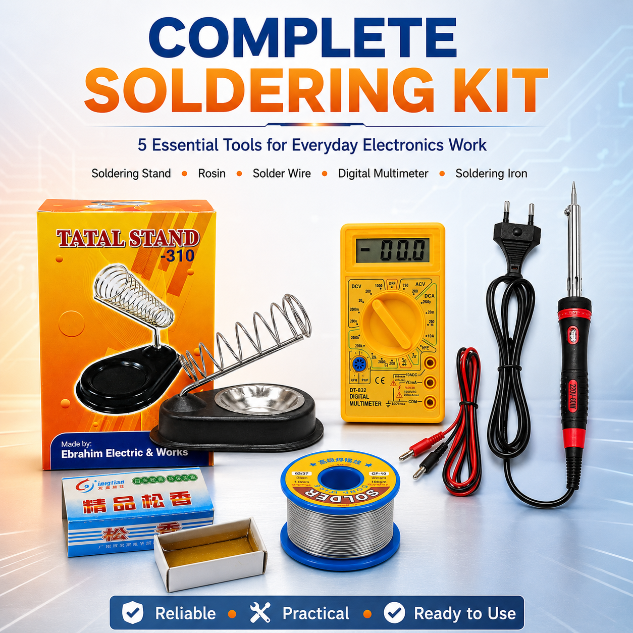 Master 5 ইন 1 সোল্ডারিং কম্বো কিট – 60W সোল্ডারিং আয়রন, মাল্টিমিটার, স্ট্যান্ড, লিড ও রজন