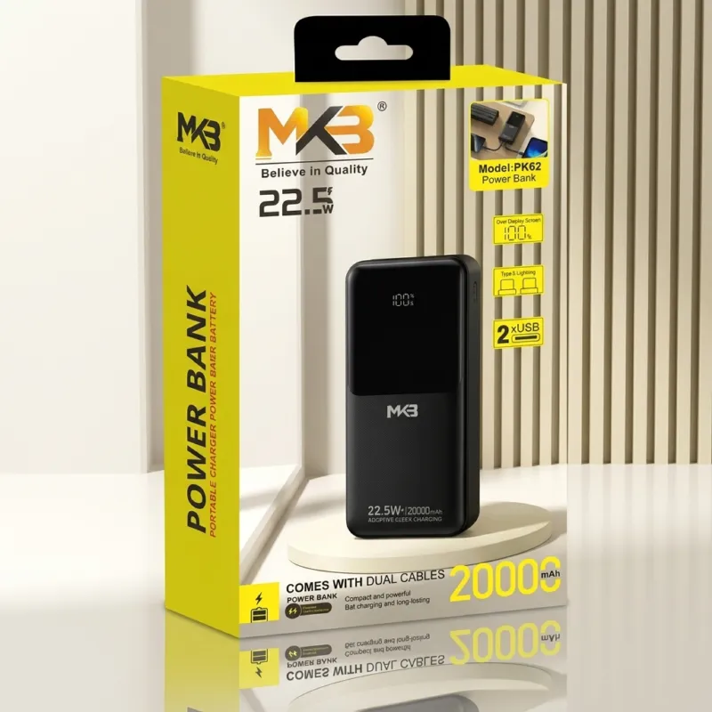 MKB PK62 20000mAh পাওয়ার ব্যাংক – ডুয়াল বিল্ট-ইন কেবল