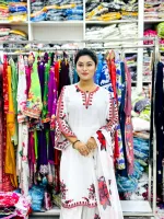 মেয়েদের পূজা লিনেন থ্রি-পিস, এমব্রয়ডারি ও ডিজিটাল প্রিন্ট ওড়না