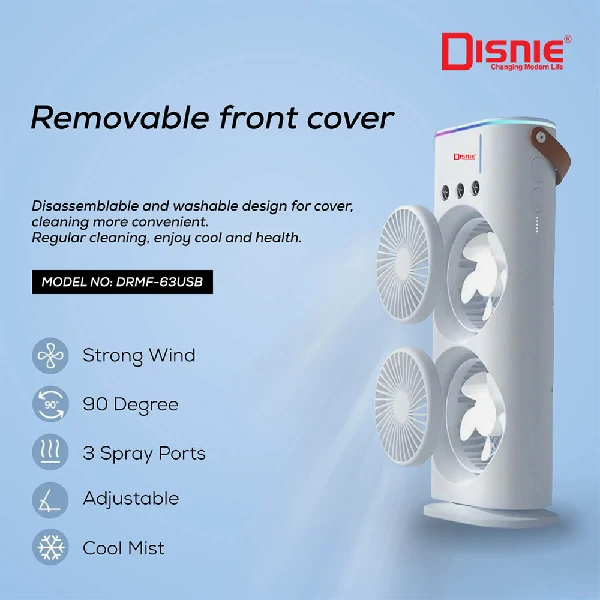 Disnie DRMF-63USB রিচার্জেবল ডাবল হেড পোর্টেবল মিনি এয়ার কুলার মিস্ট ফ্যান সহ রিমোট